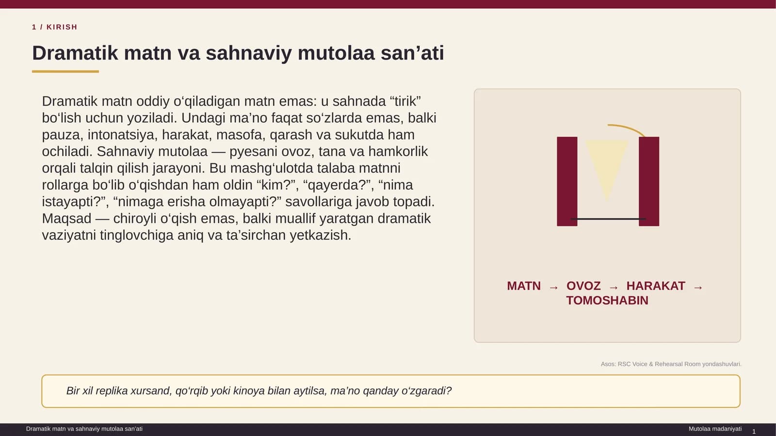 Dramatik matn va sahnaviy mutolaa san’ati