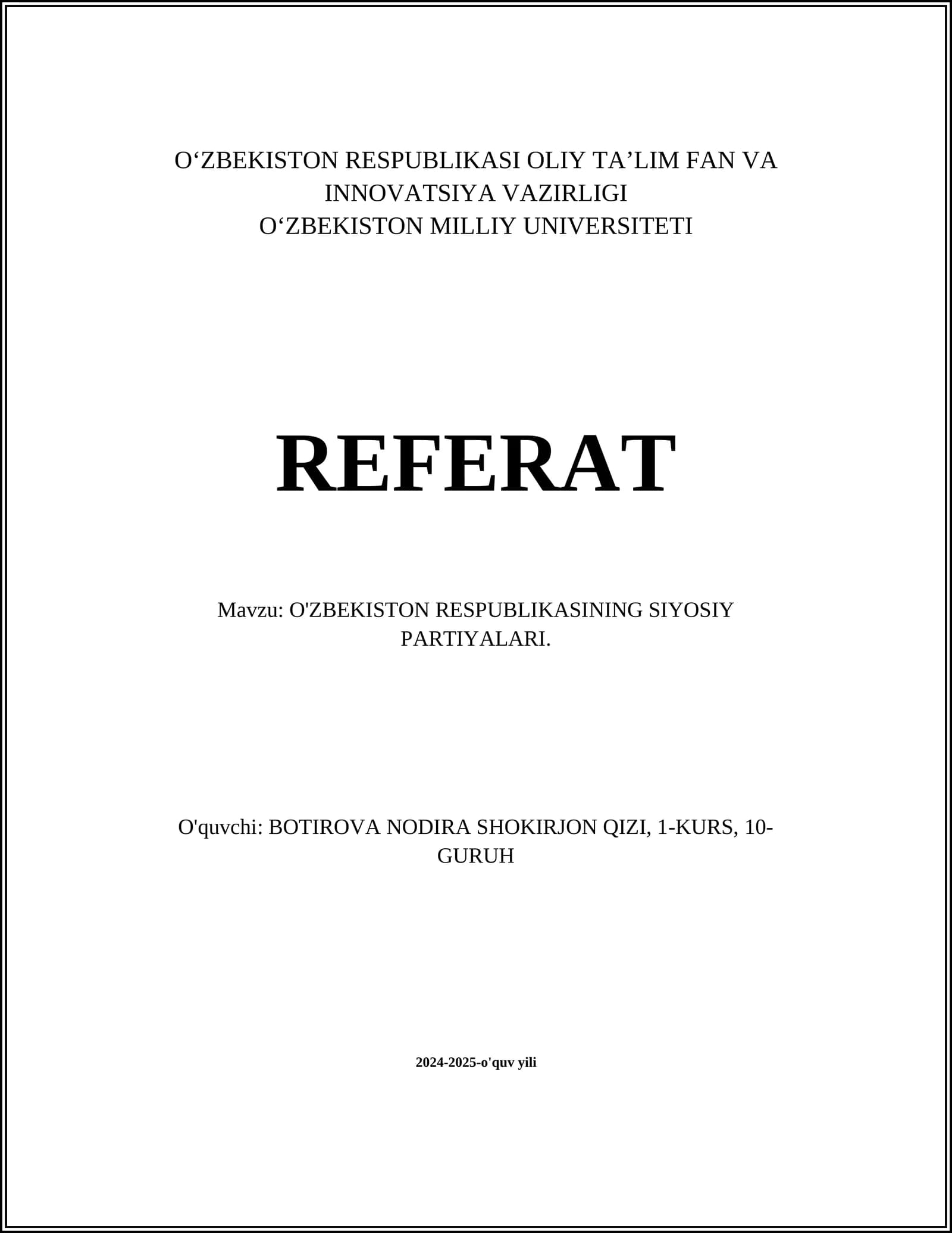 O'ZBEKISTON RESPUBLIKASINING SIYOSIY PARTIYALARI