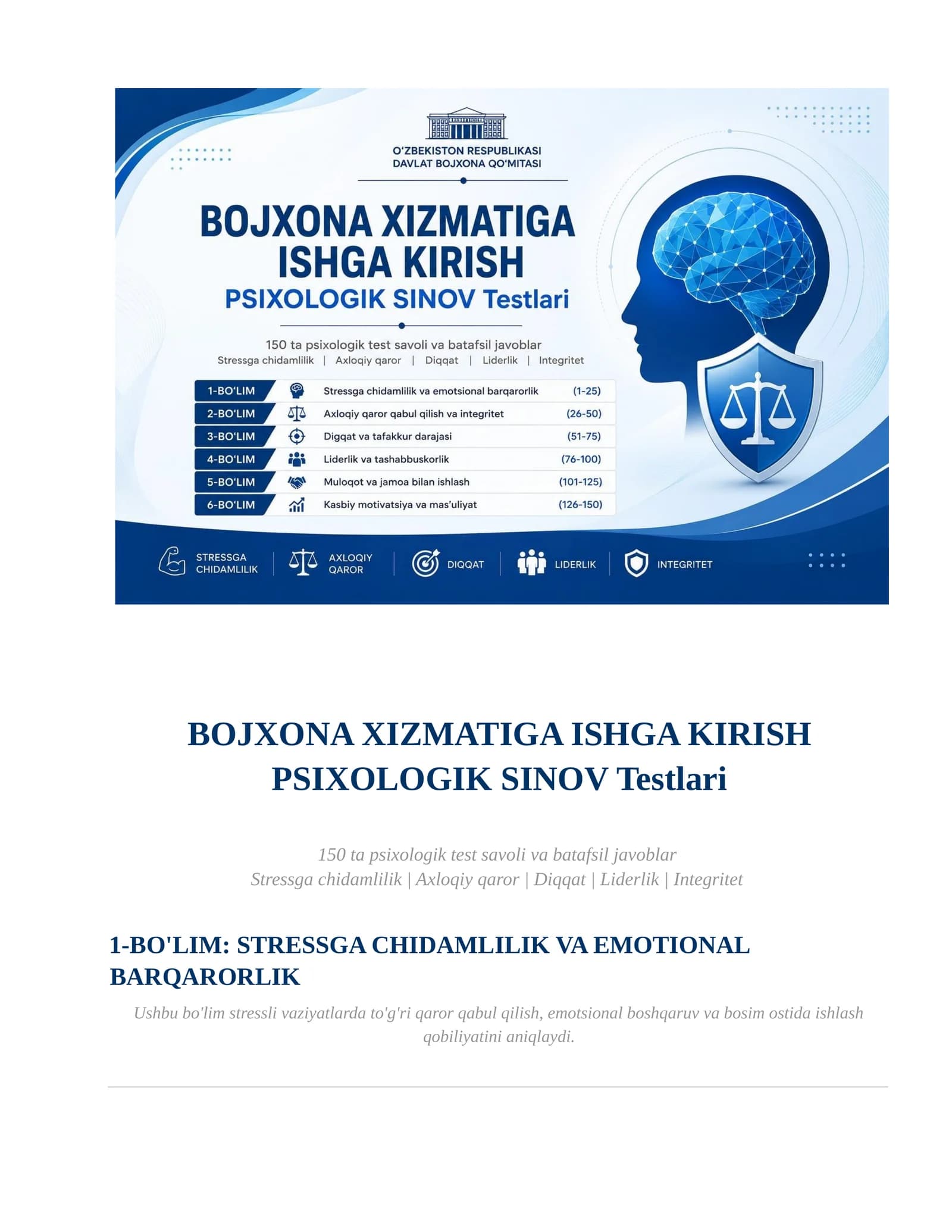 KIRISH PSIXOLOGIK SINOV Testlari