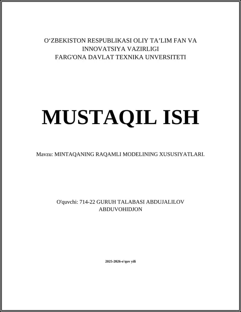 MINTAQANING RAQAMLI MODELINING XUSUSIYATLARI