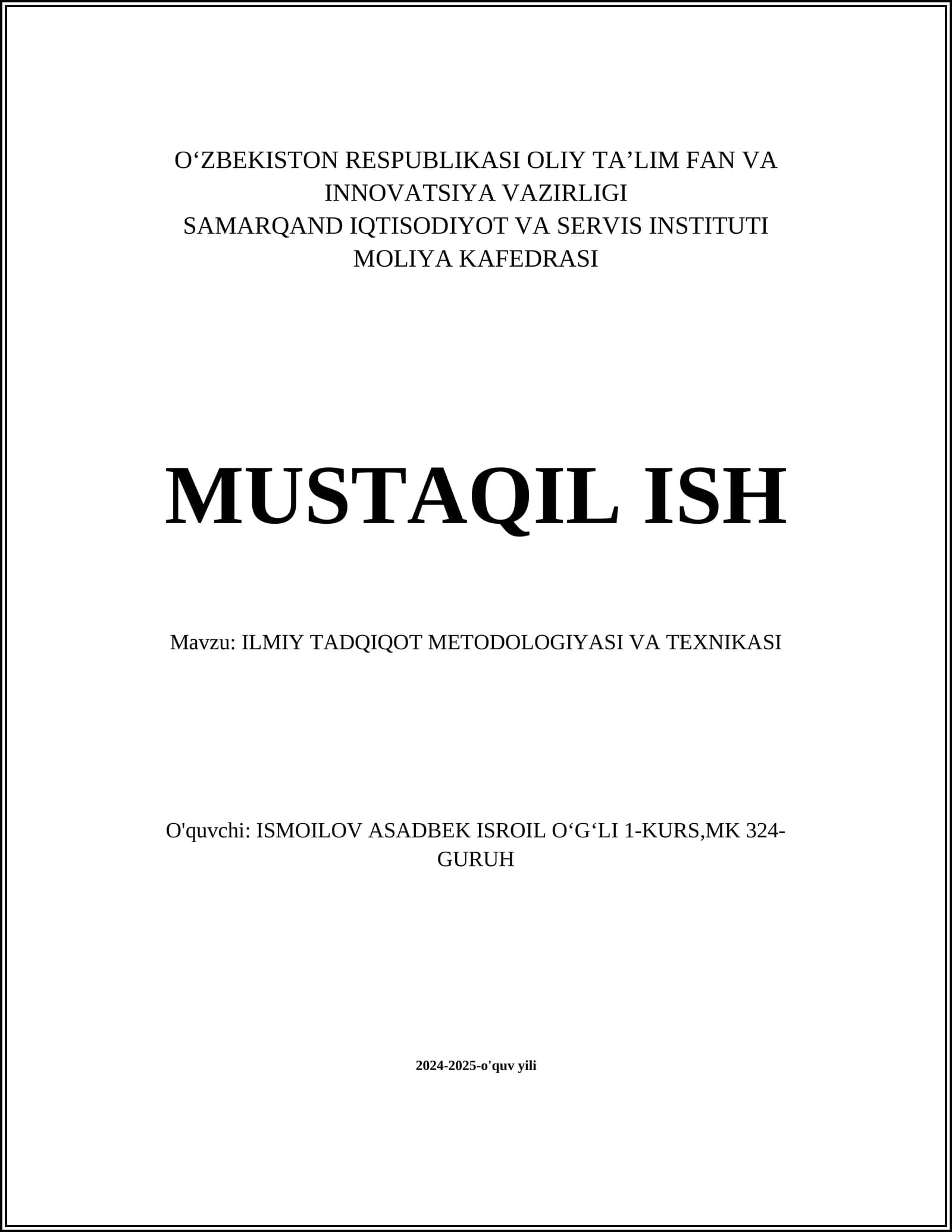 ILMIY TADQIQOT METODOLOGIYASI VA TEXNIKASI