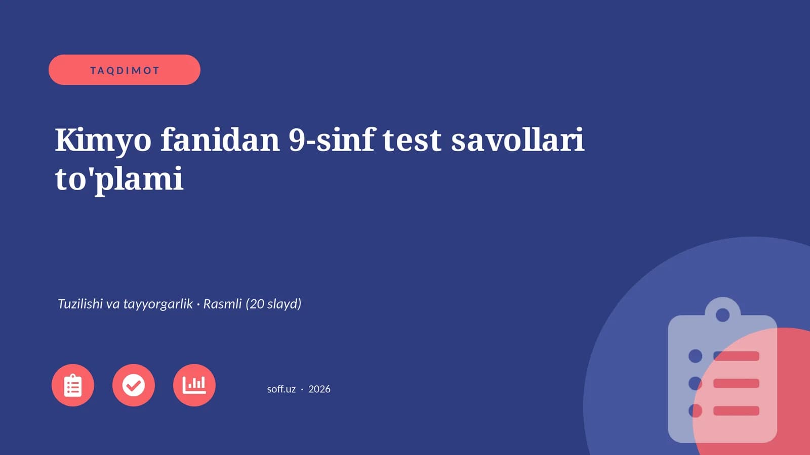 9-sinf Kimyo fanidan test savollari to'plami