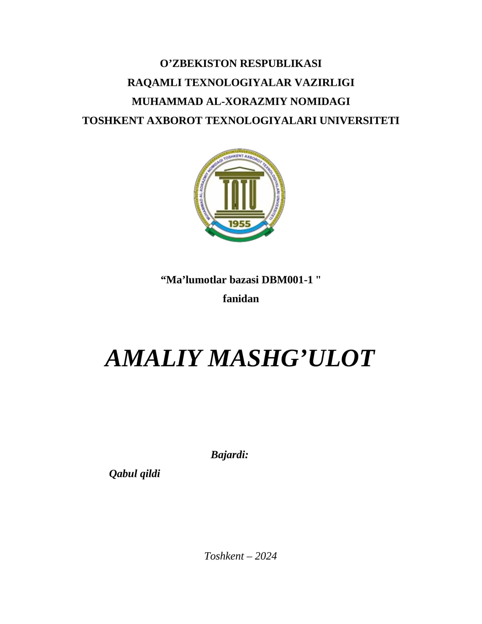 SQL tilida jadvallar yaratish, o‘zgartirish va o‘chirish. Amaliy ish