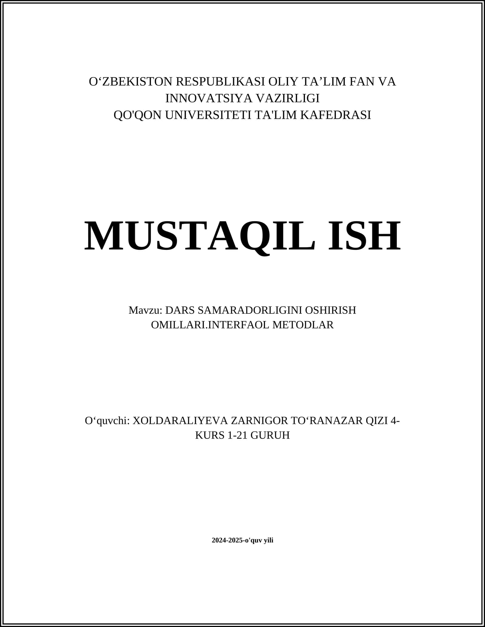 DARS SAMARADORLIGINI OSHIRISH OMILLARI.INTERFAOL METODLAR