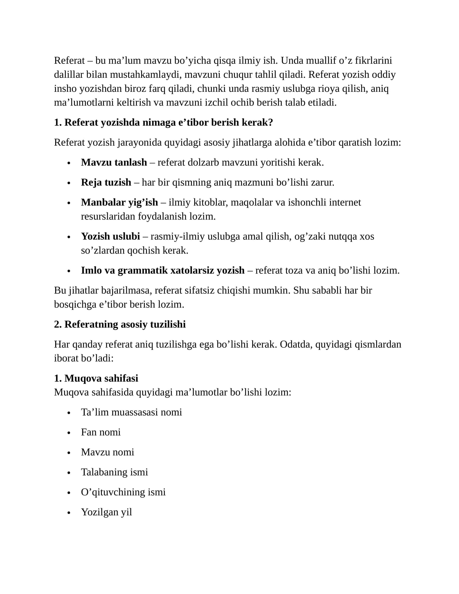 Referat yozish tartibi