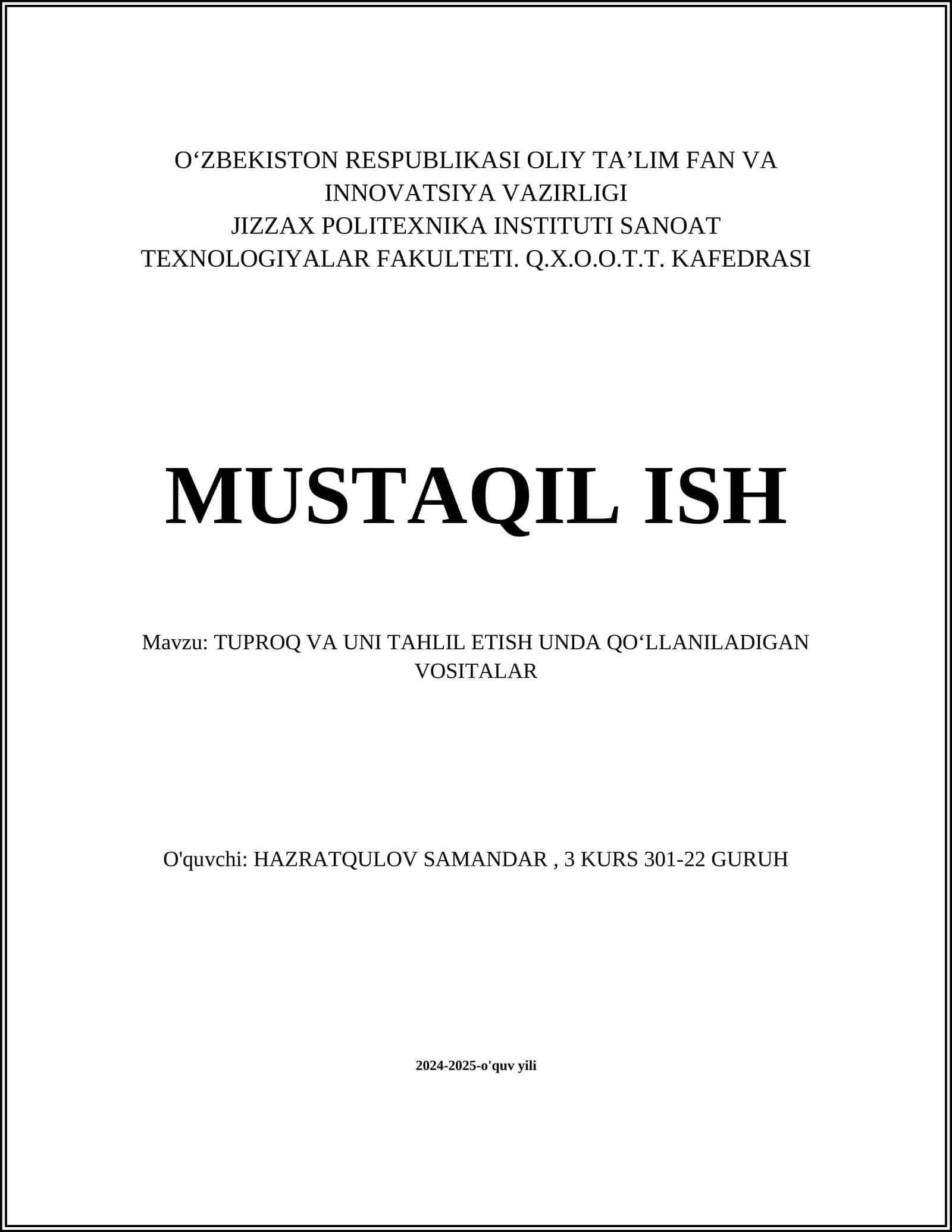 Tuproq va uni tahlil etish unda qo'llaniladigan vositalar