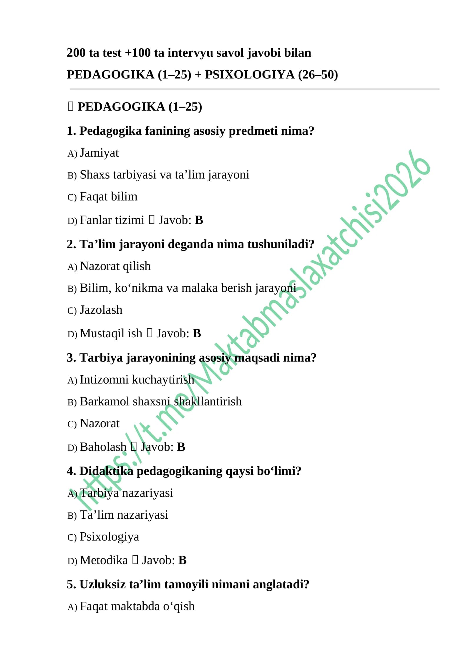 Maktab Maslahatchisi 300 ta test savol javoblari bilan