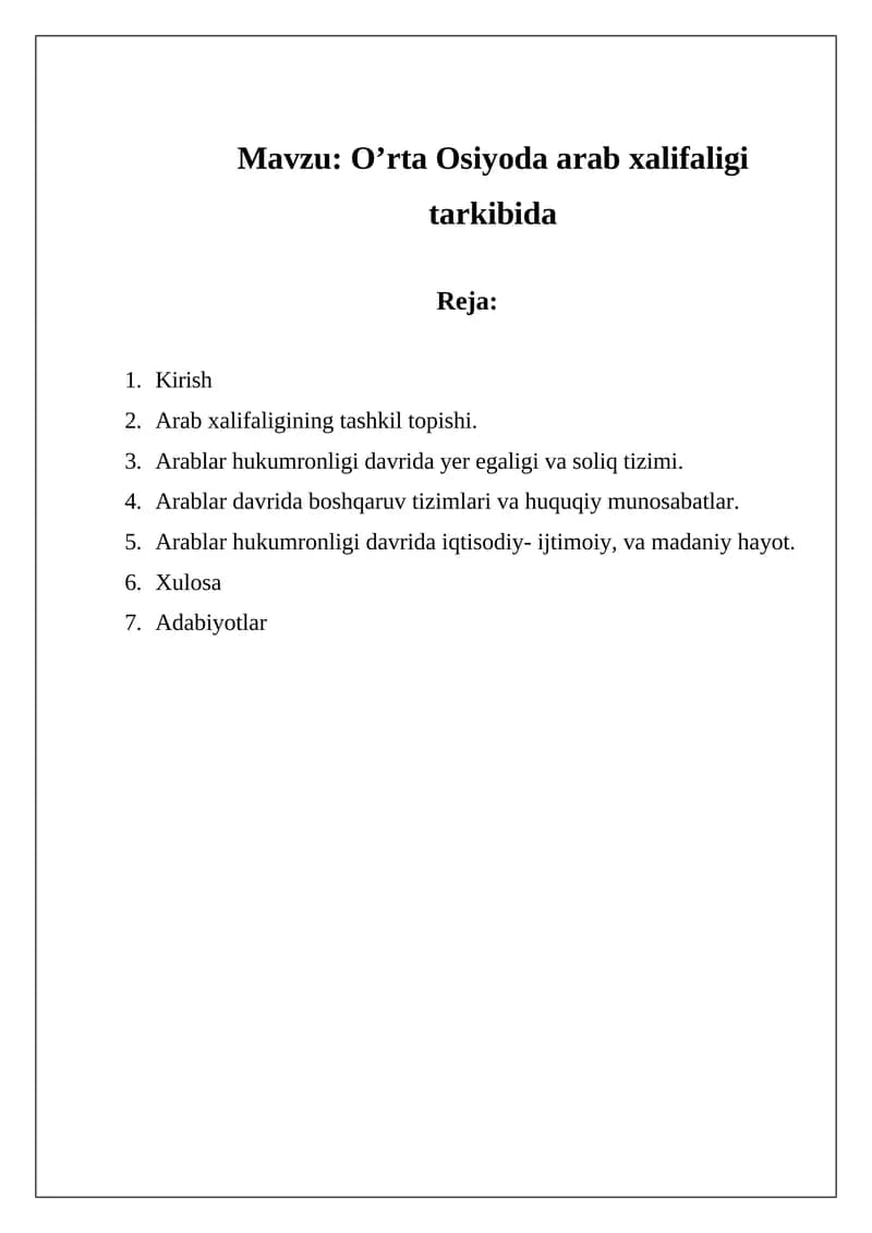 O’rta Osiyoda arab xalifaligi tarkibida