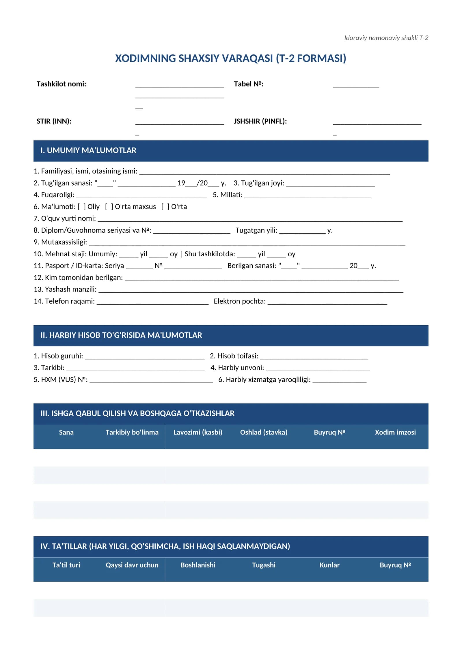 T-2 forma shaxsiy varaqa kartasi namuna blankasi (Word / DOCX)