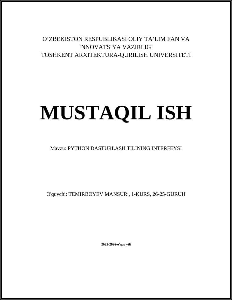 PYTHON DASTURLASH TILINING INTERFEYSI