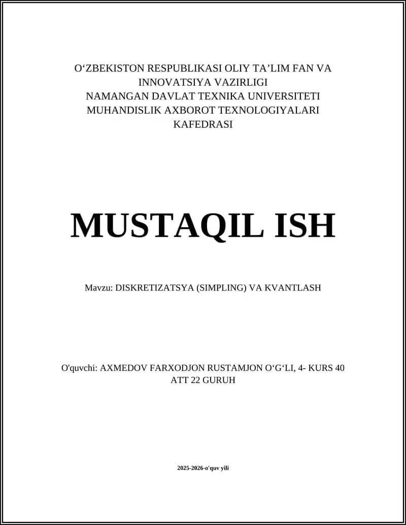 DISKRETIZATSYA (SIMPLING) VA KVANTLASH