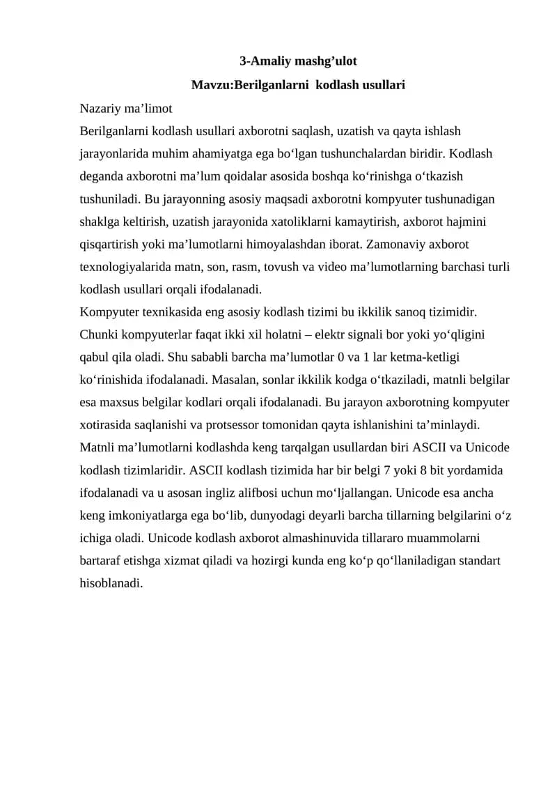 Berilganlarni kodlash usullari