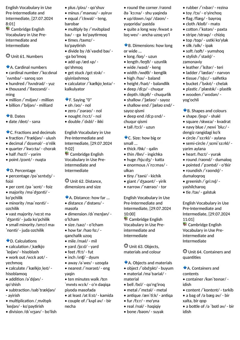 PRE INTERMEDIATE VOCABULARY 61-100 UNITS