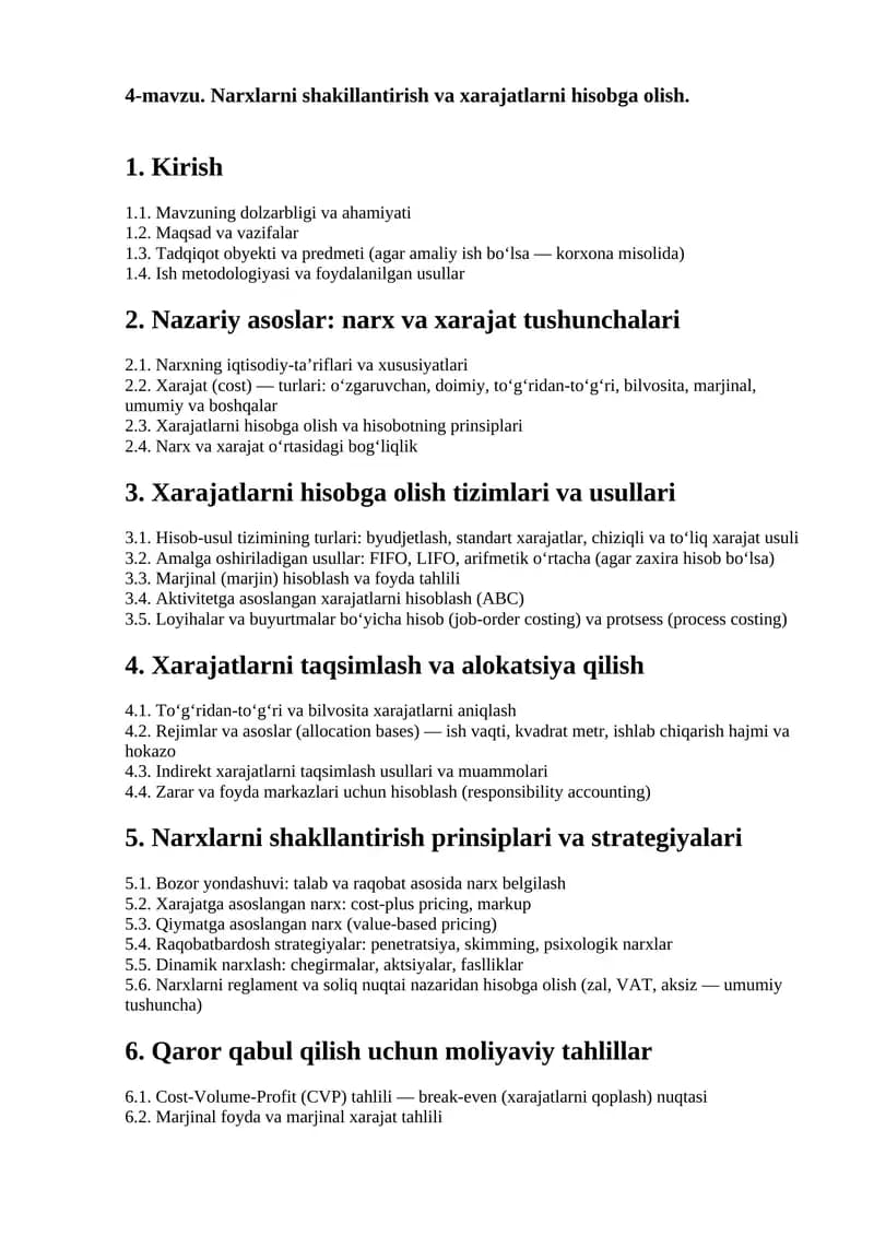 Narxlarni shakillantirish va xarajatlarni hisobga olish