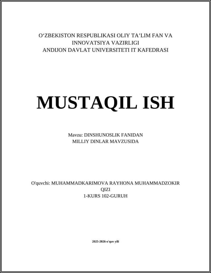 Milliy Dinlar Tarixining Umumiy Xususiyatlari