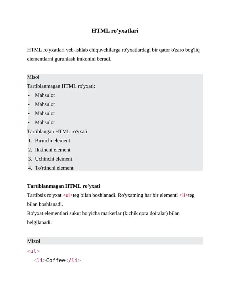 HTML ro'yxatlar bilan ishlash (kodlari bilan)