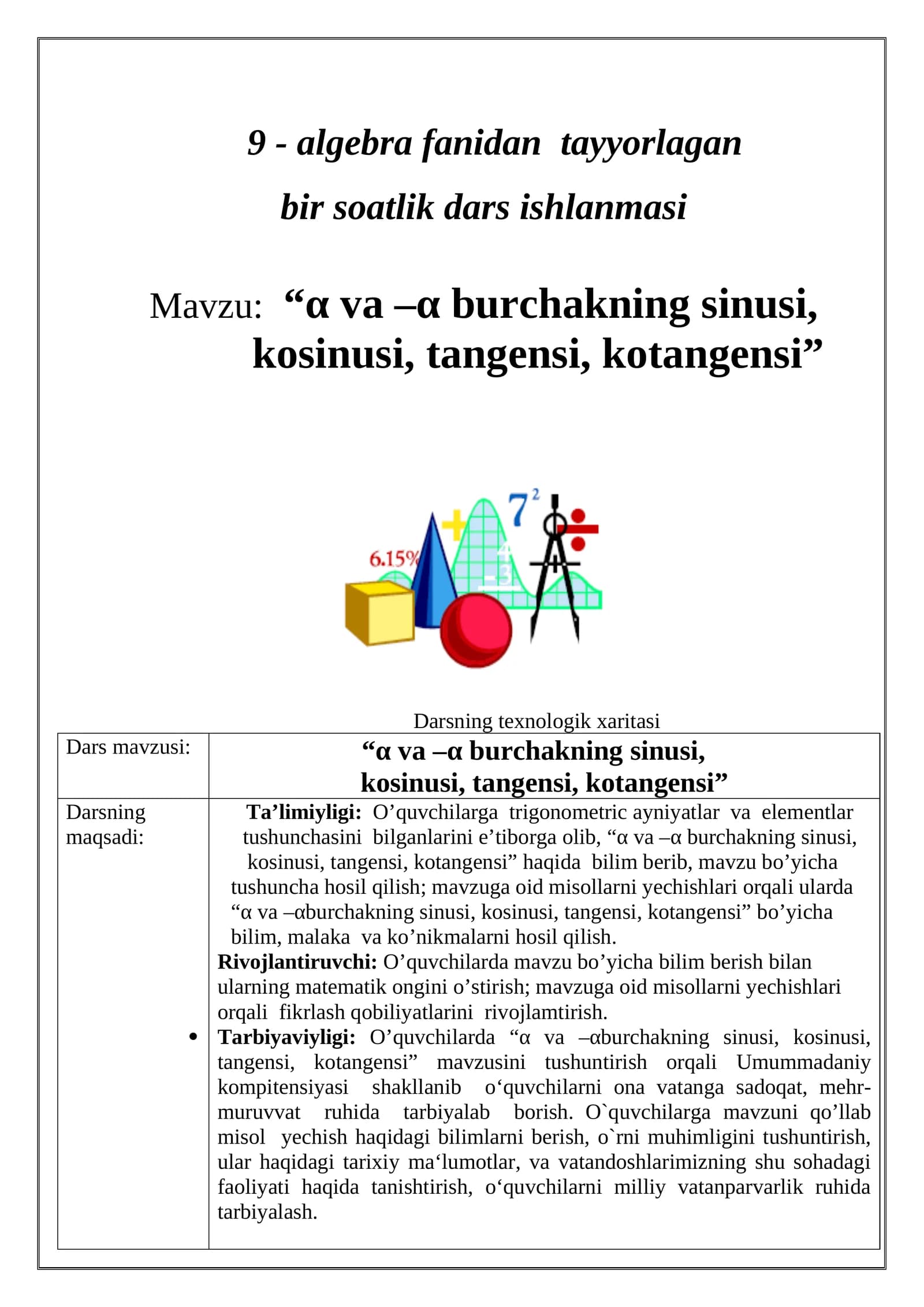 Algebra fanidan tayyorlagan bir soatlik dars ishlanmasi