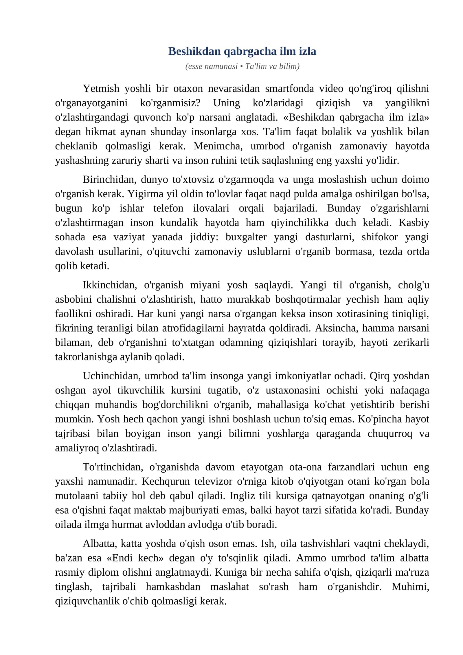 Esse Beshikdan qabrgacha ilm izla