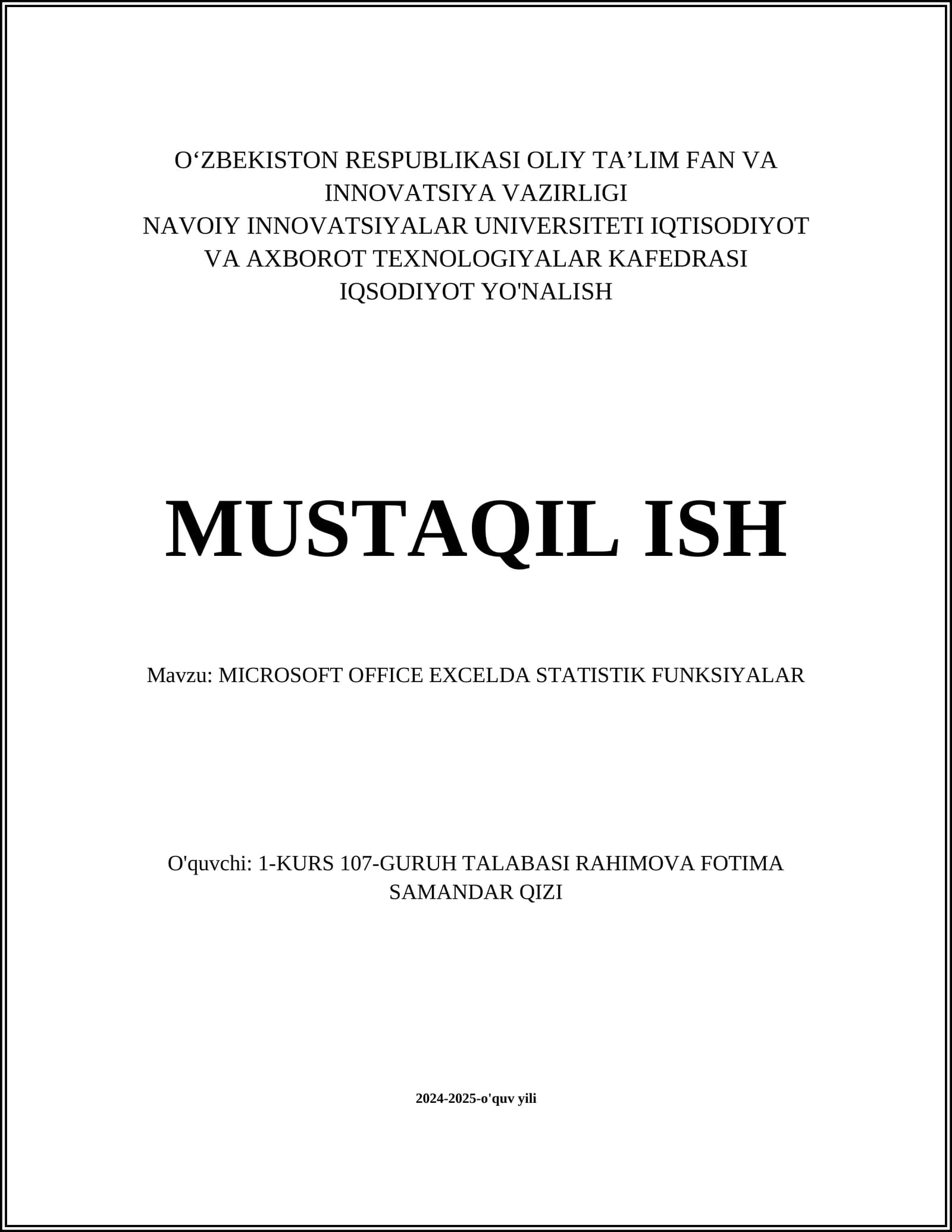 MICROSOFT OFFICE EXCELDA STATISTIK FUNKSIYALAR