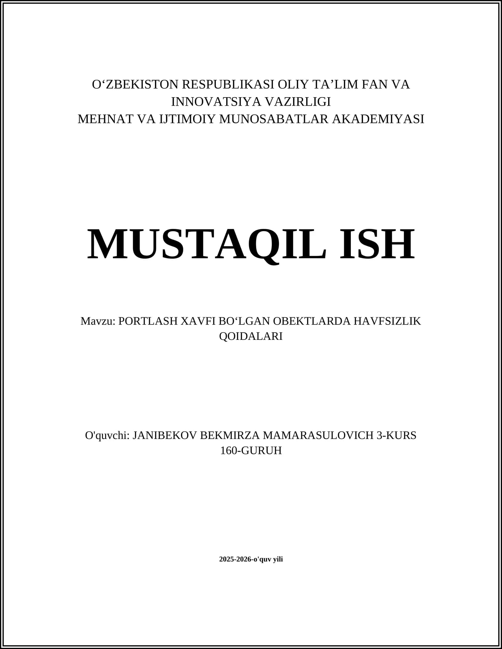 Umumiy Xavfsizlik Talab va Qoidalari