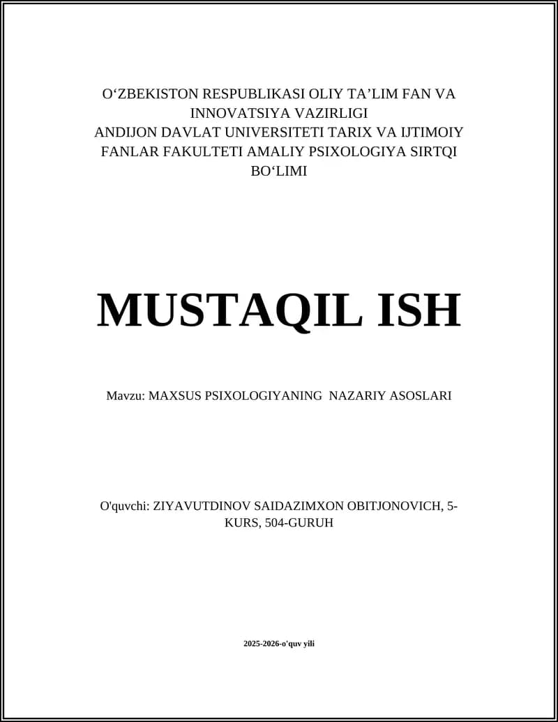 Maxsus Psixologiyadan Misollar