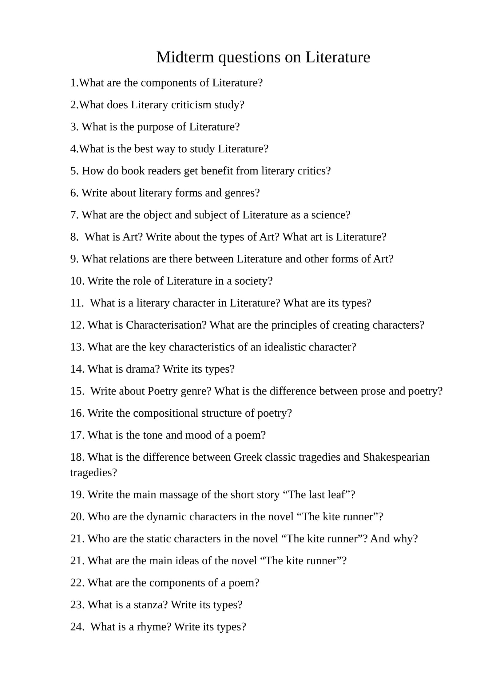 Midterm questions on Literature