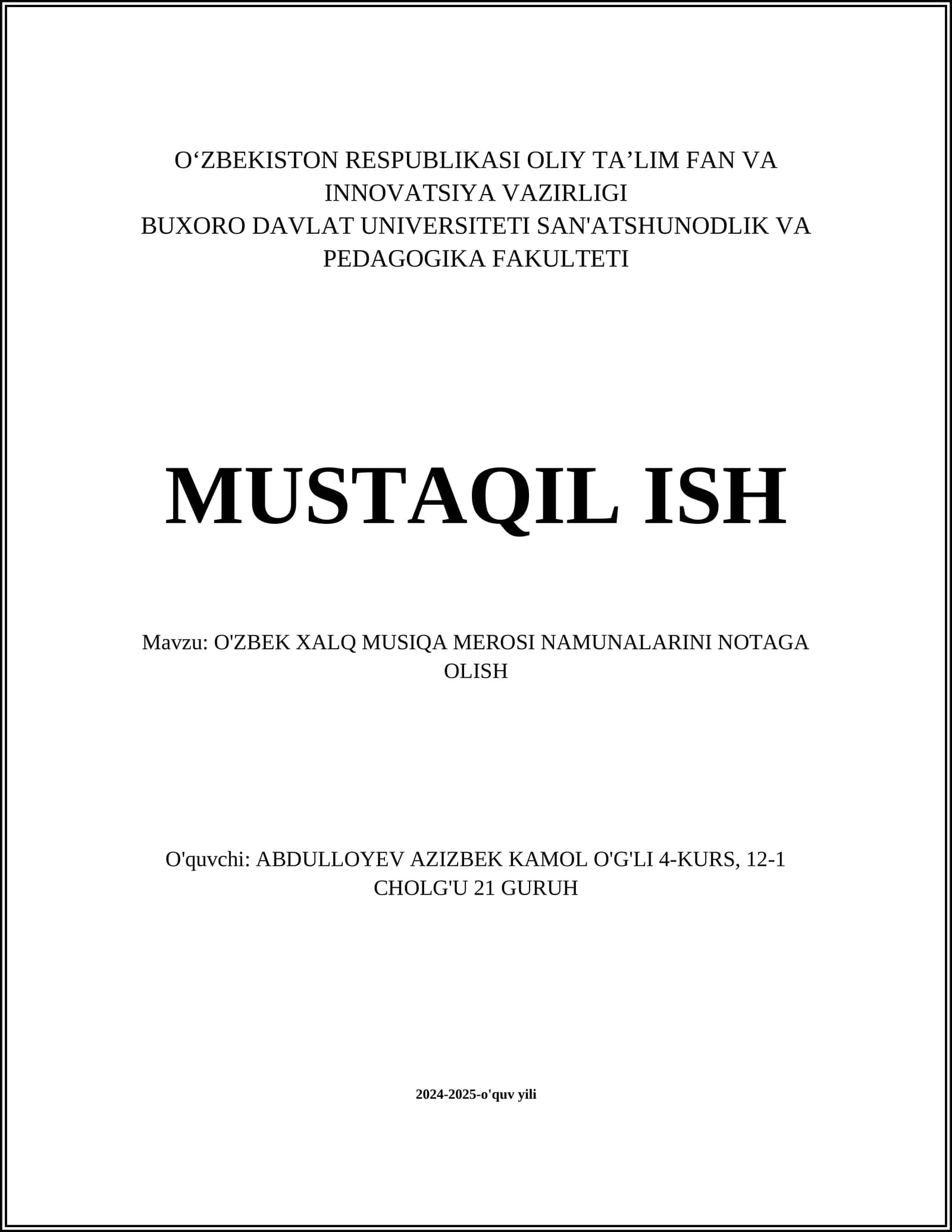 O'ZBEK XALQ MUSIQA MEROSI NAMUNALARINI NOTAGA OLISH