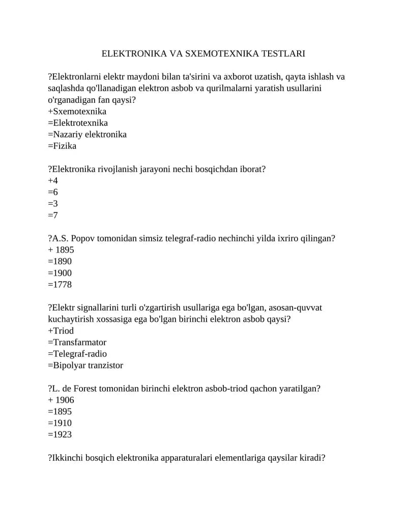 Elektronika va Sxemotexnika Testlari