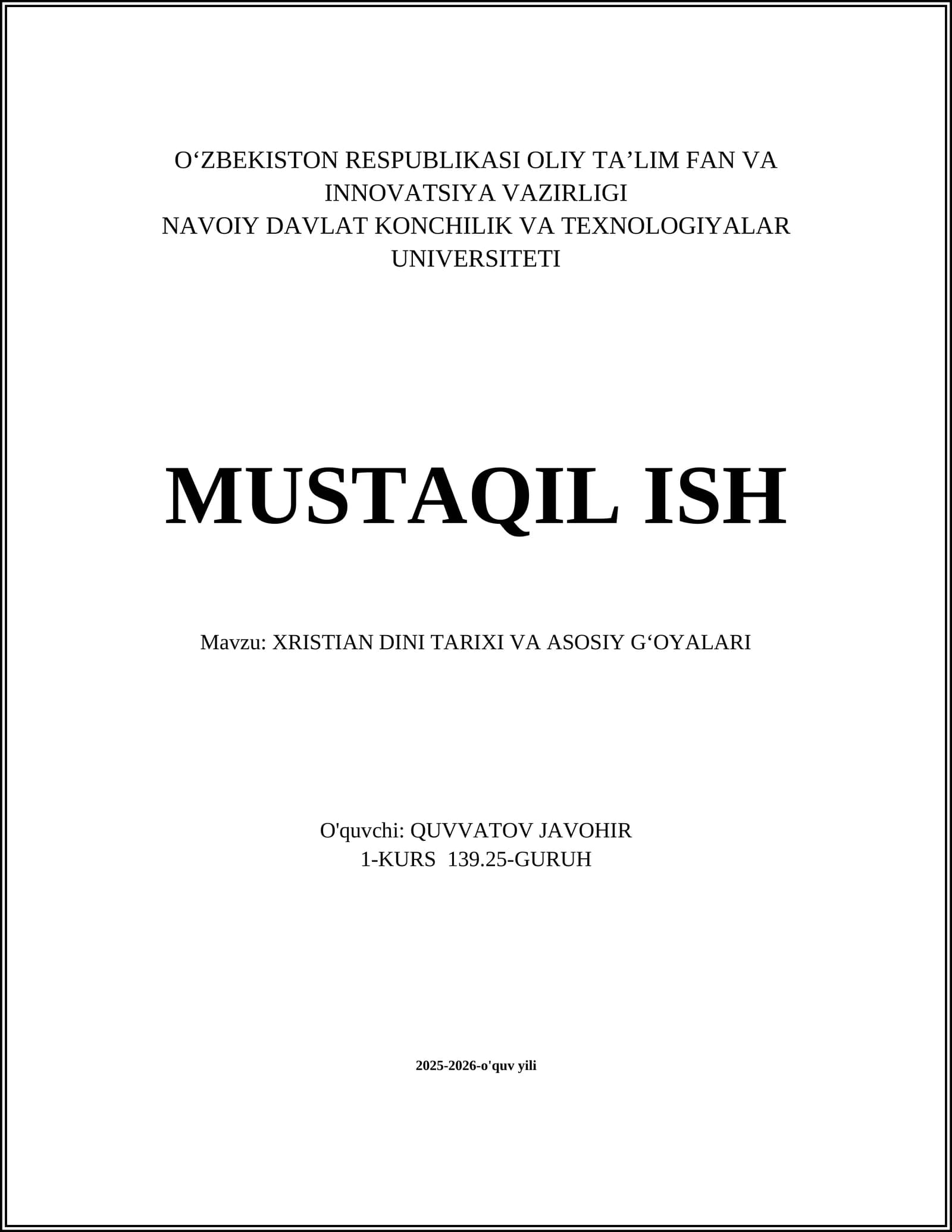 XRISTIAN DINI TARIXI VA ASOSIY GʻOYALARI