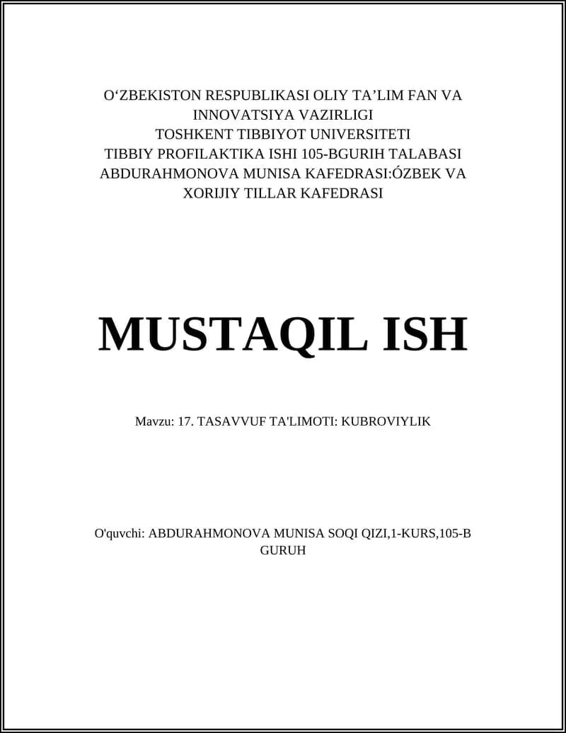 TASAVVUF TA'LIMOTI: KUBROVIYLIK