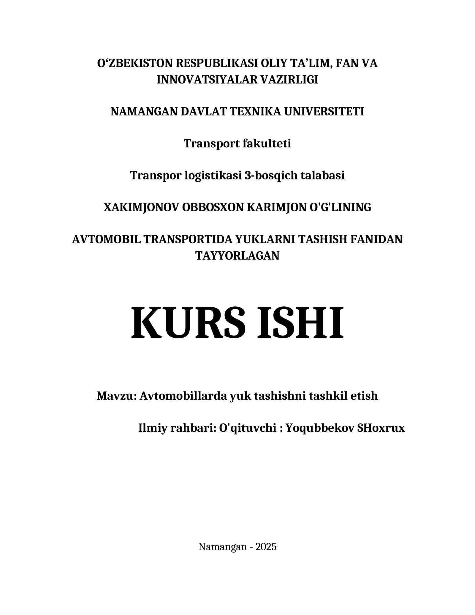 AVTOMOBILLARDA YUK TASHISHNI TASHKIL ETISH KURS ISHI