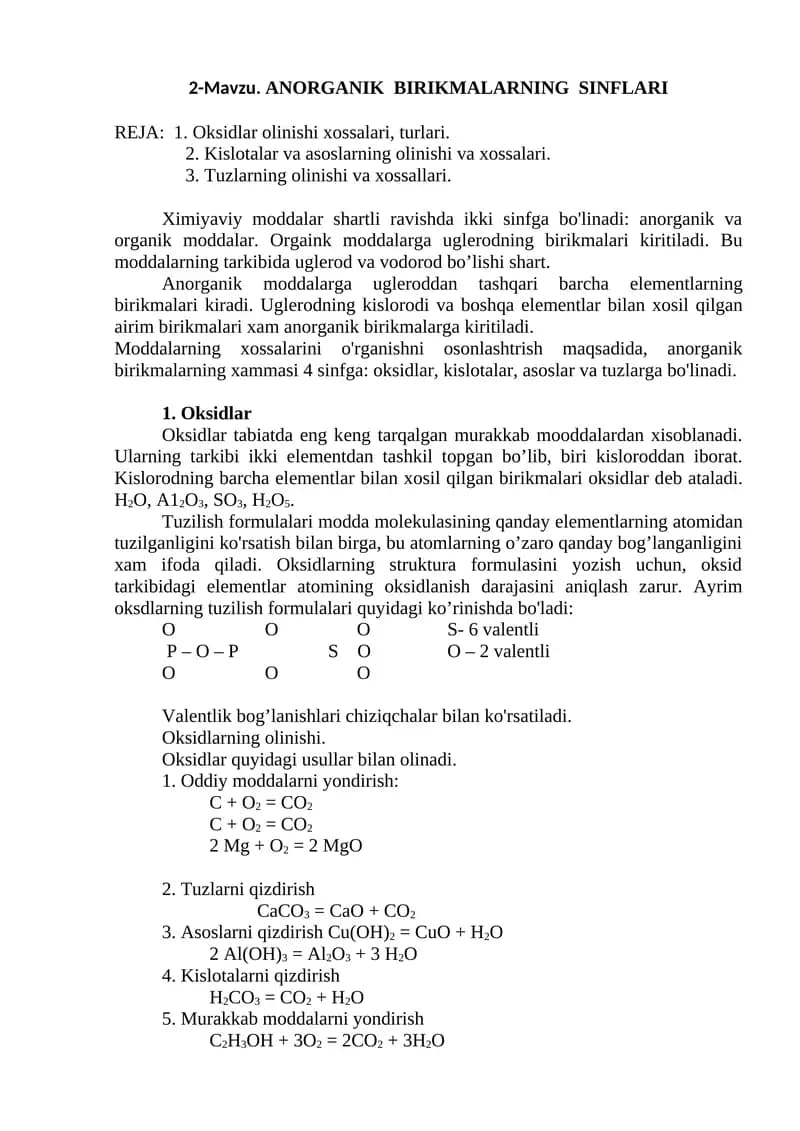 ANORGANIK BIRIKMALARNING SINFLARI