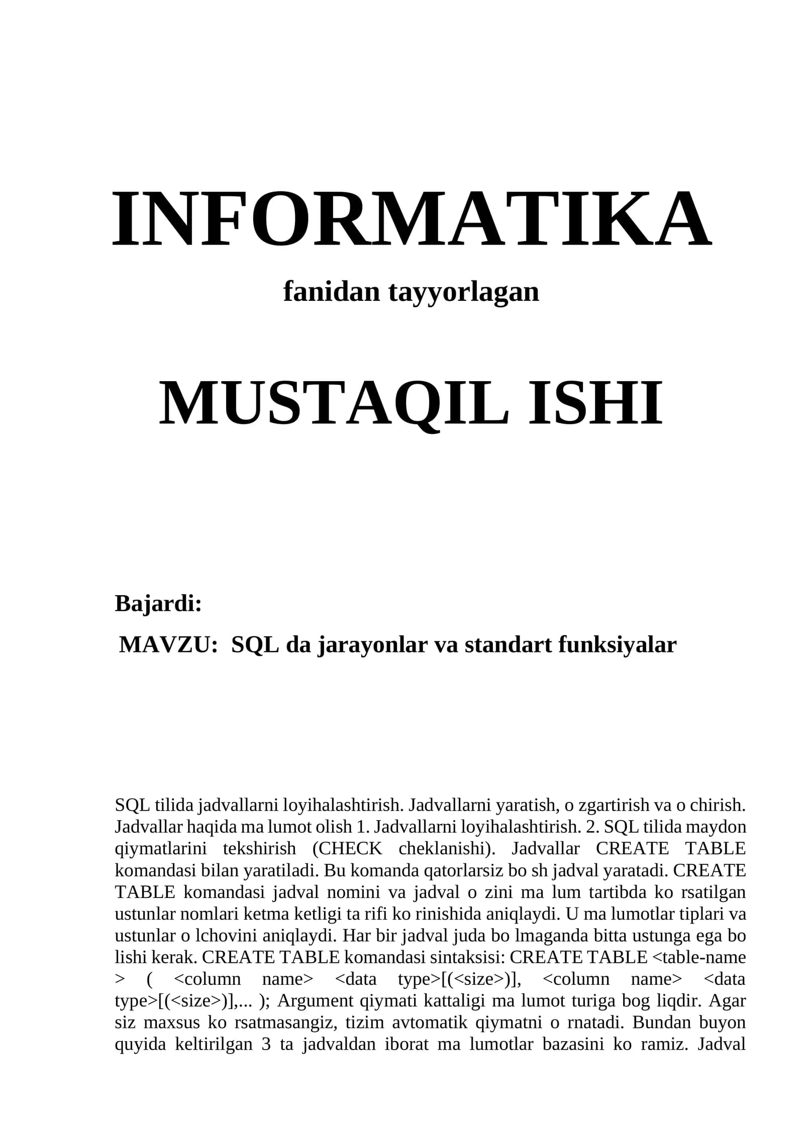 SQL da jarayonlar va standart funksiyalar