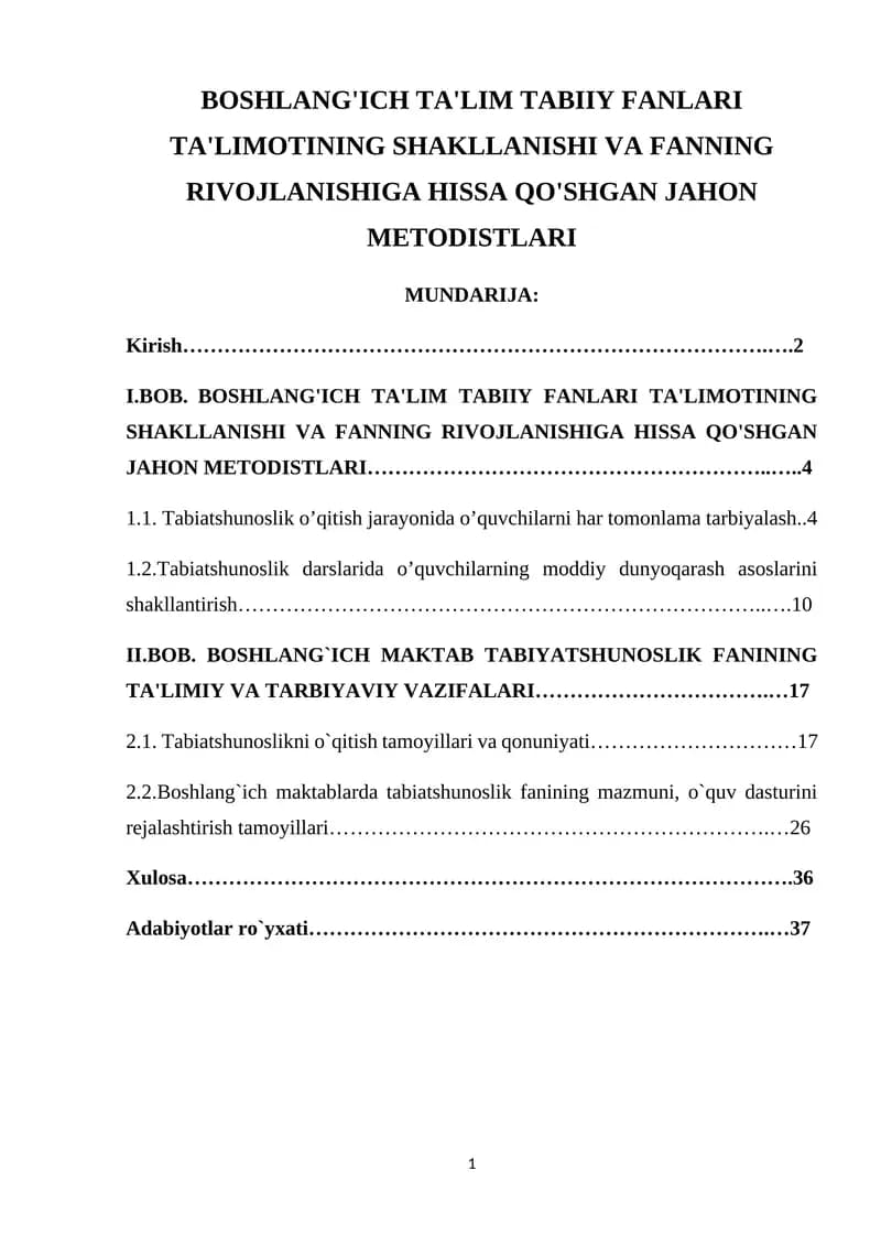 BOSHLANG'ICH TA'LIM TABIIY FANLARI TA'LIMOTINING SHAKLLANISHI VA FANNING RIVOJLANISHIGA HISSA QO'SHGAN JAHON METODISTLARI