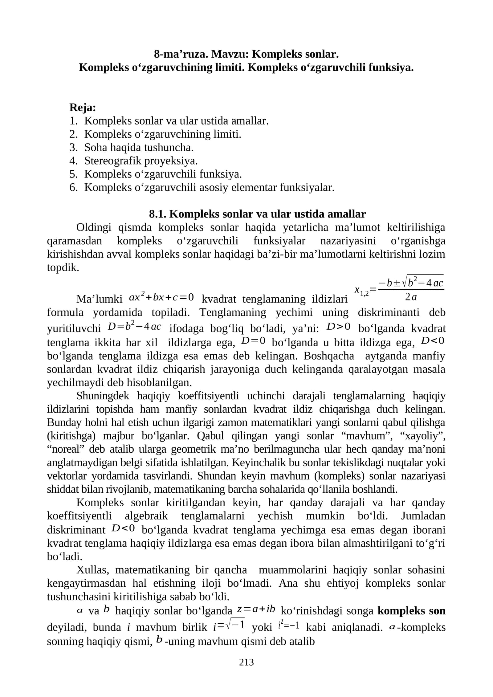 Kompleks sonlar va ular ustida amallar