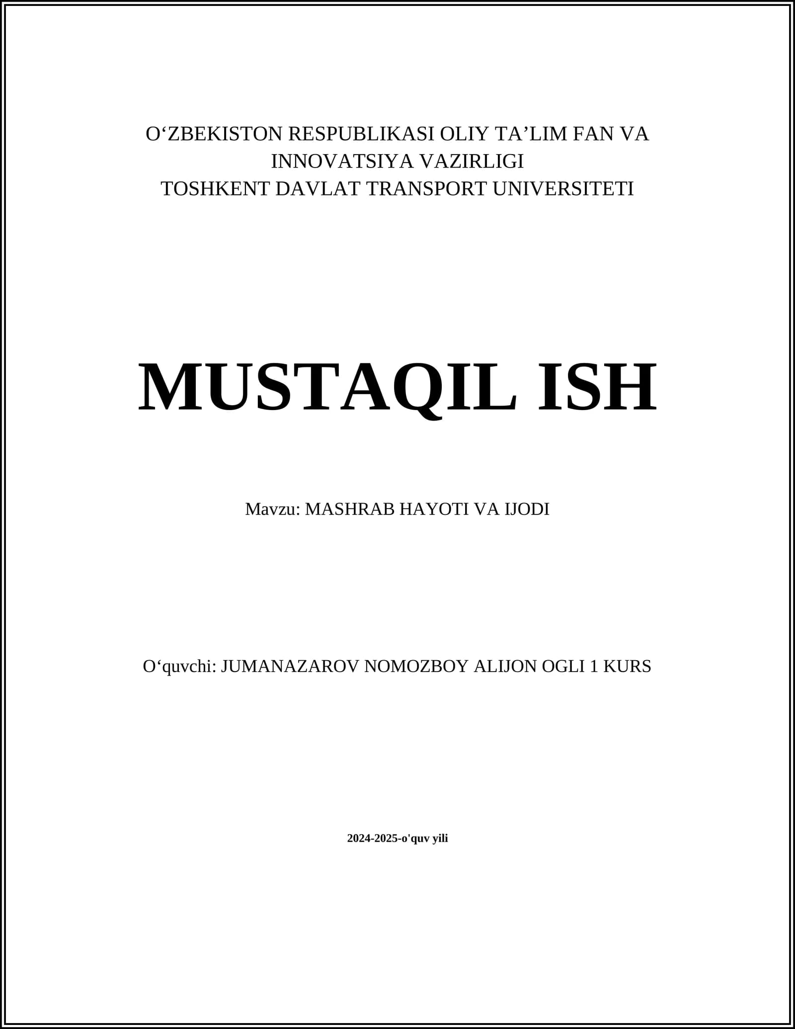 MASHRAB HAYOTI VA IJODI