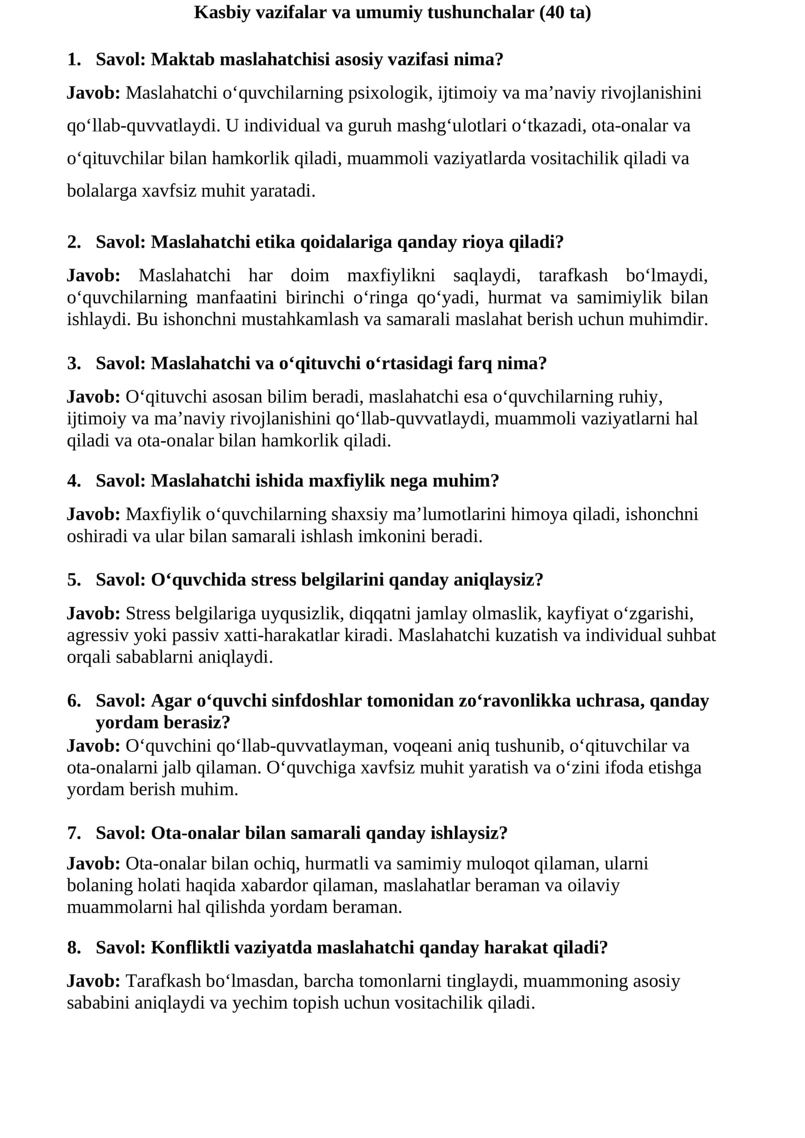 Maktab maslahatchisga ishga kirish uchun suhbat savol javoblari