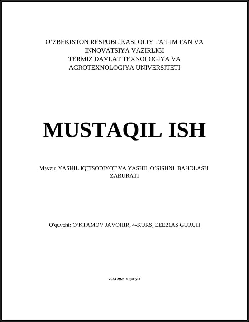 Yashil IQTISODIYOT VA YASHIL OʼSISHNI BAHOLASH ZARURATI
