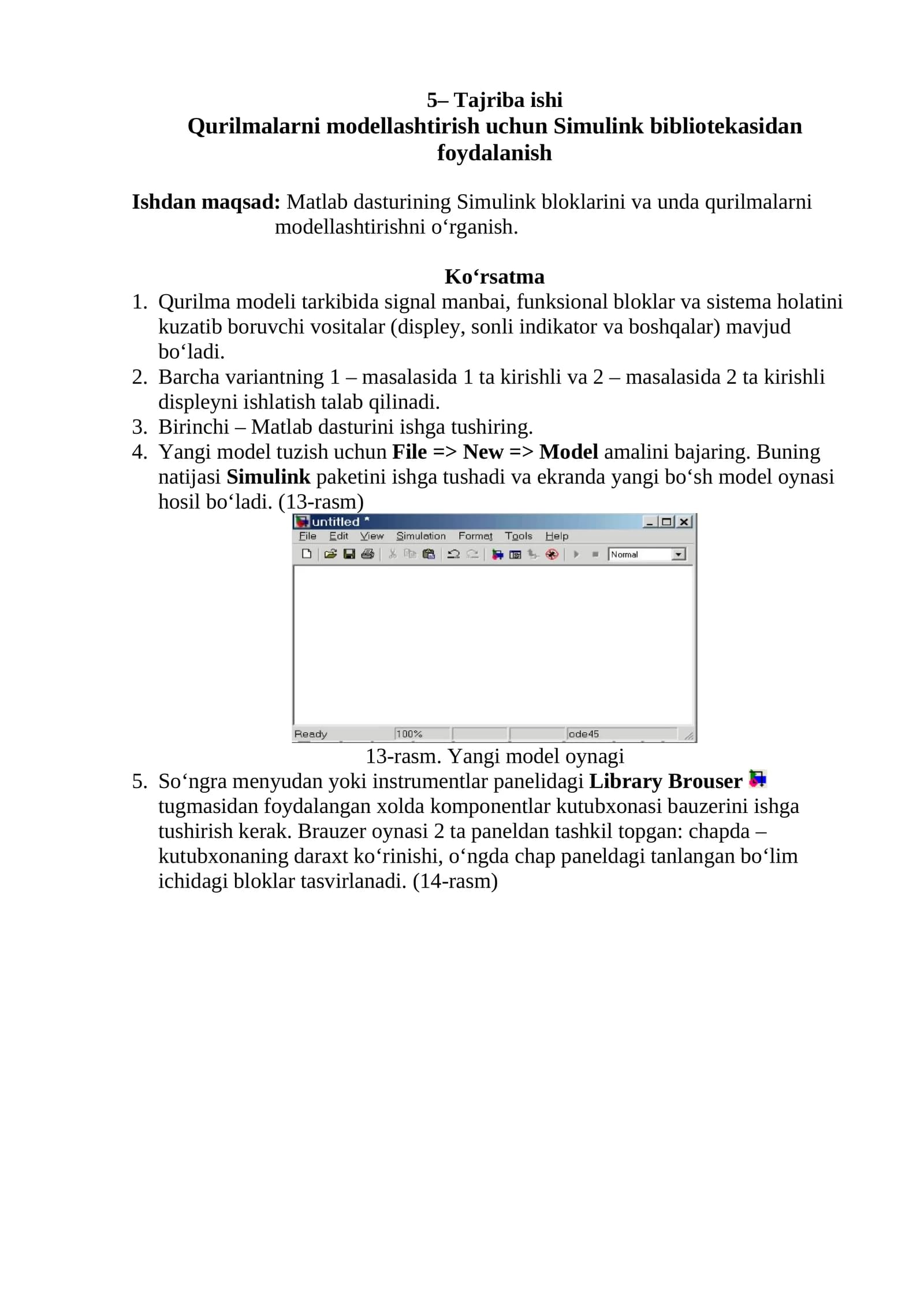 Qurilmаlаrni mоdеllаshtirish uchun Simulink bibliotekasidan foydalanish