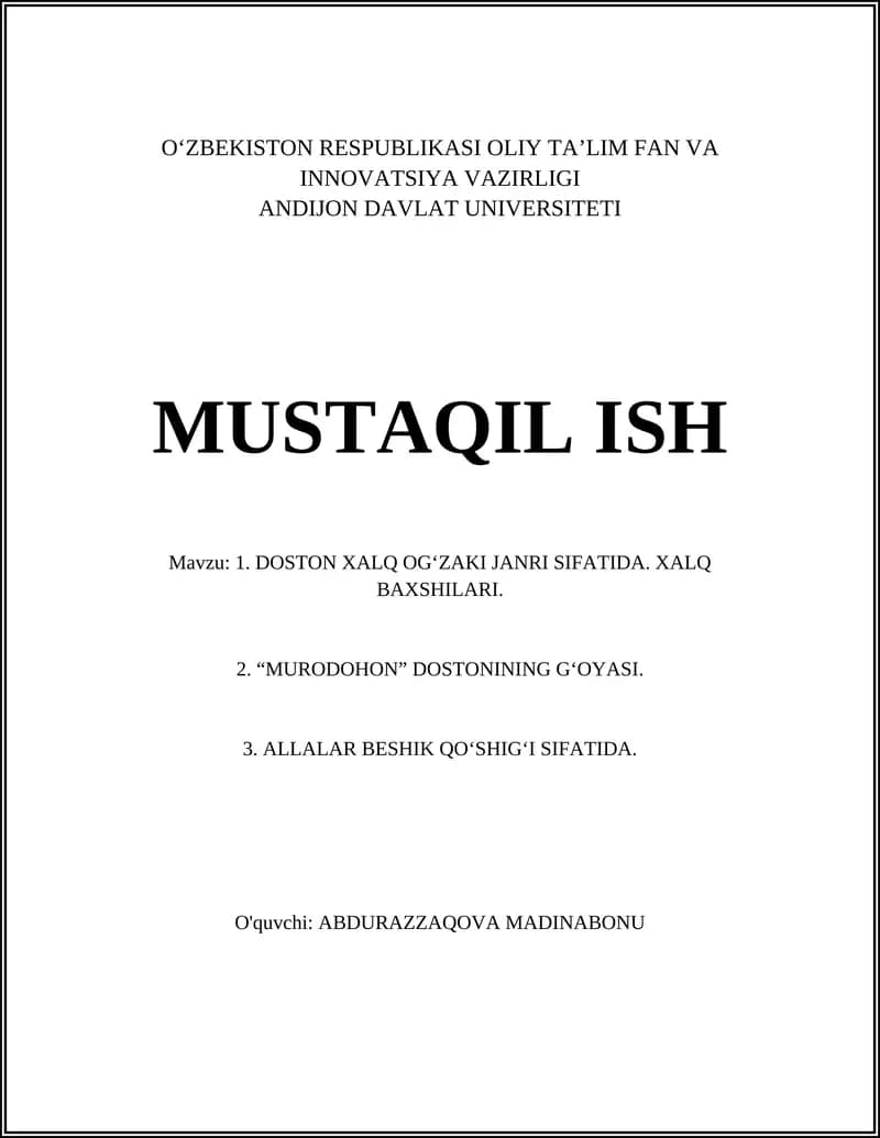 Doston Xalq Og'zaki Janri Sifatida