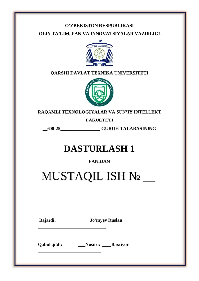 mustaqil ish c++ tilida