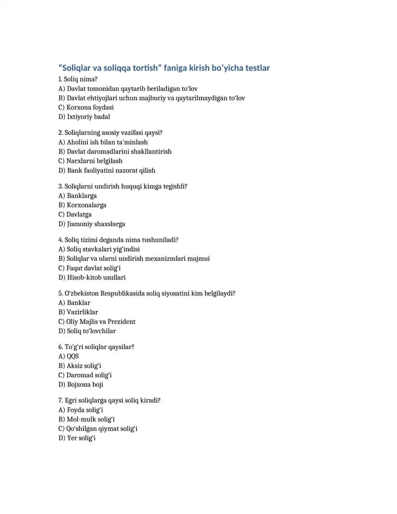 Soliqlar va soliqqa tortish testlar