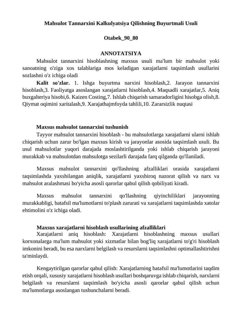 Mahsulot Tannarxini Kalkulyatsiya Qilishning Buyurtmali Usuli