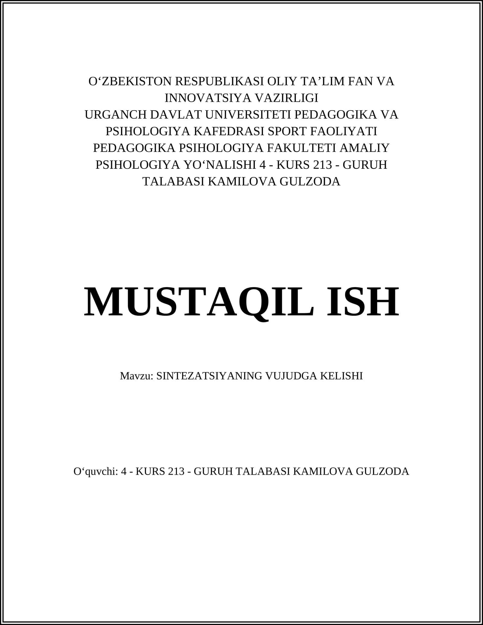 SINTEZATSIYANING VUJUDGA KELISHI