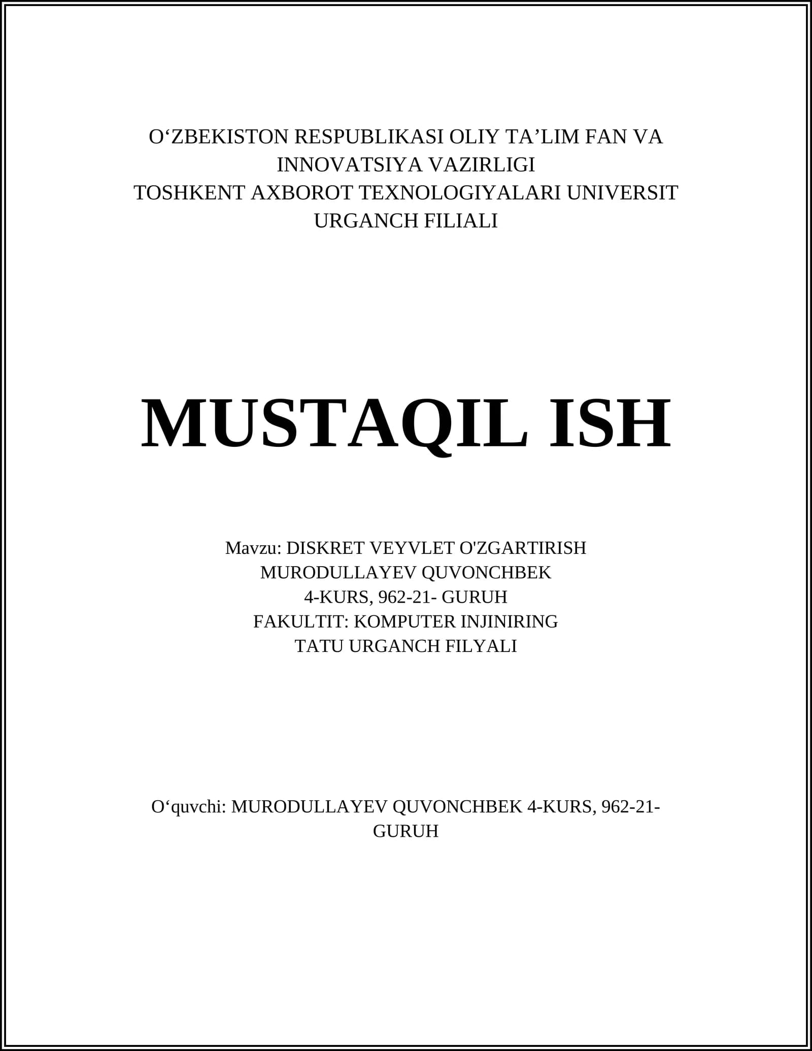 DISKRET VEYVLET O'ZGARTIRISH