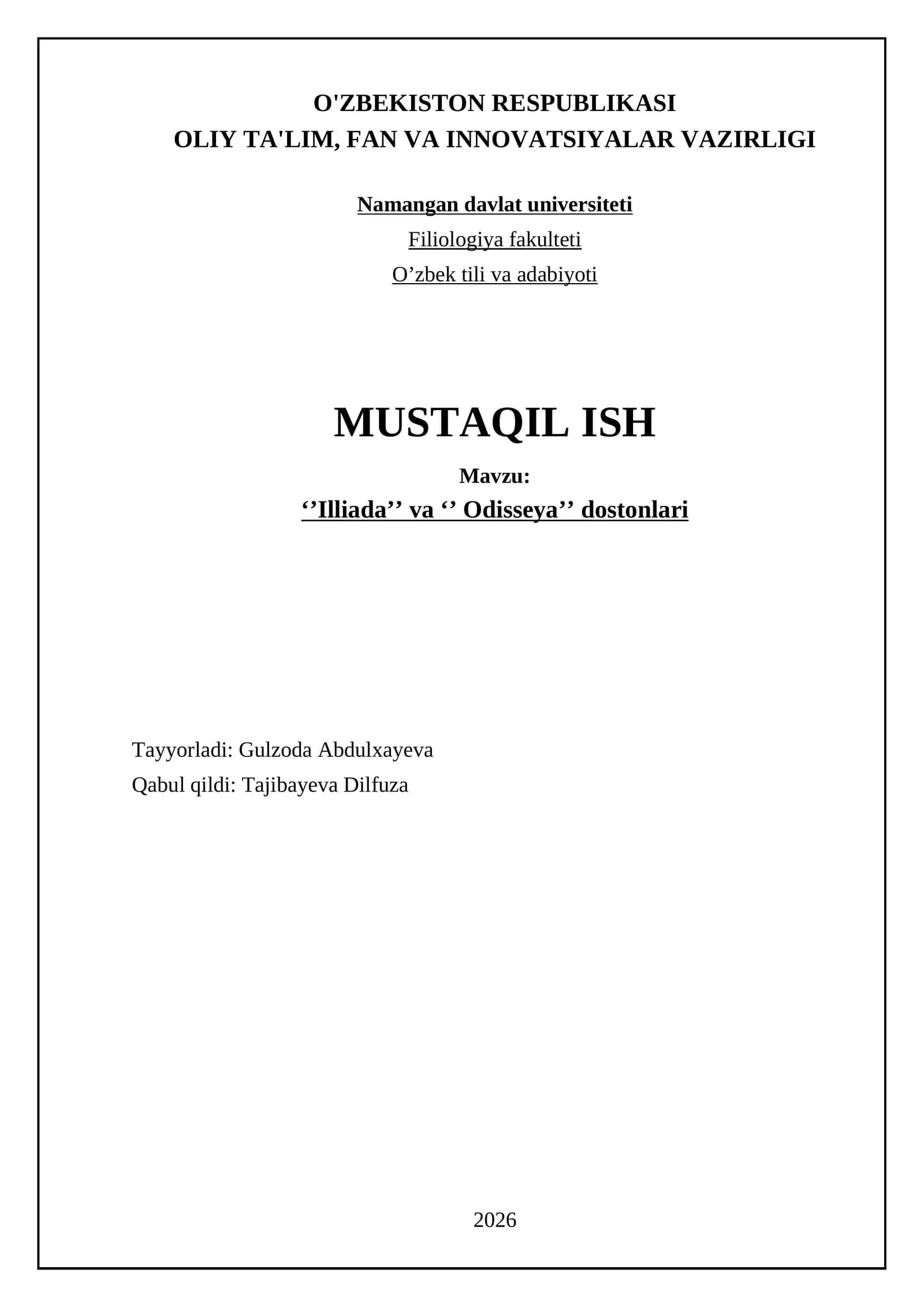 ‘’Illiada’’ va ‘’ Odisseya’’ dostonlari