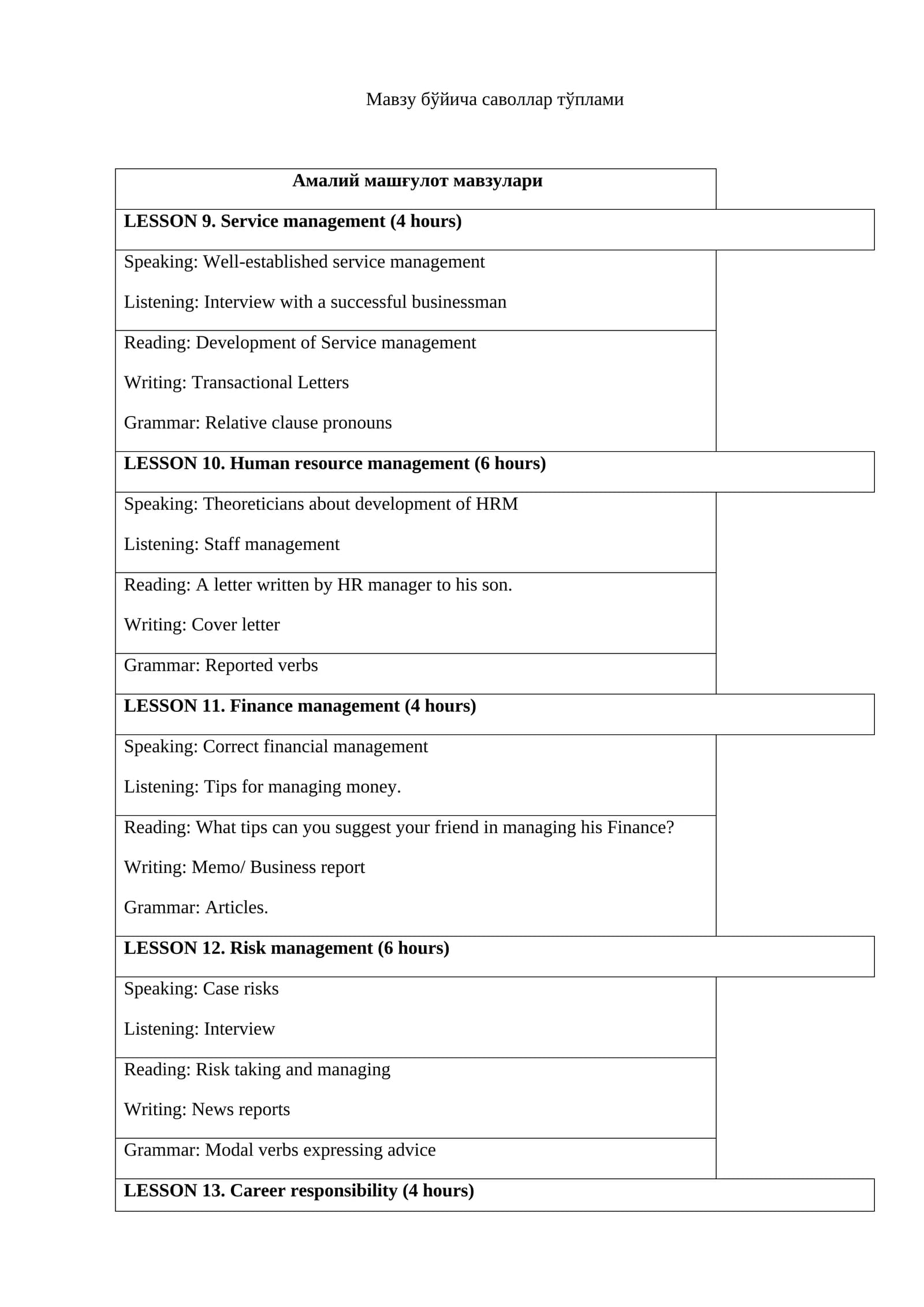LESSON 9. Service management (4 hours)