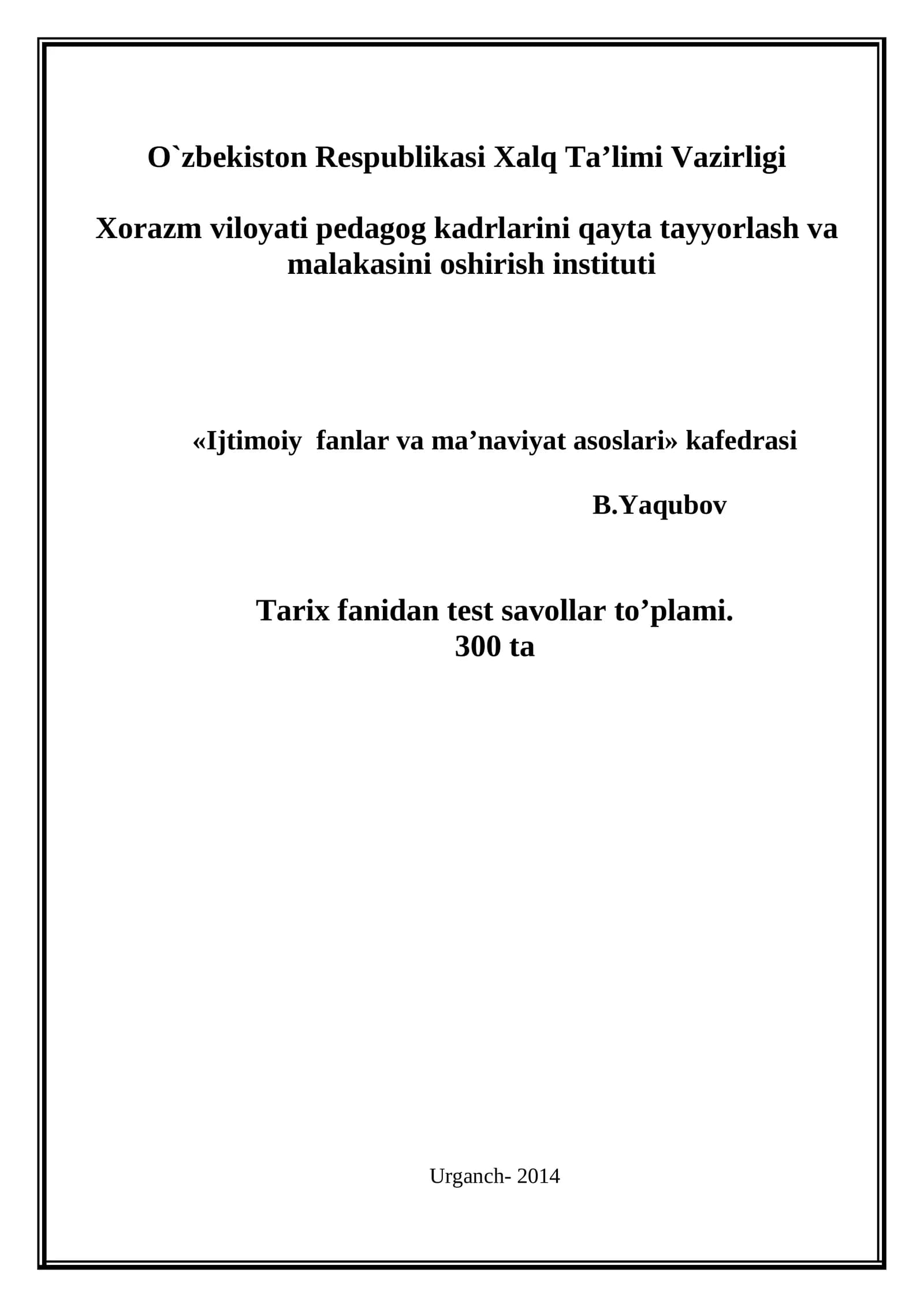 Tarix fanidan test savollar to'plami