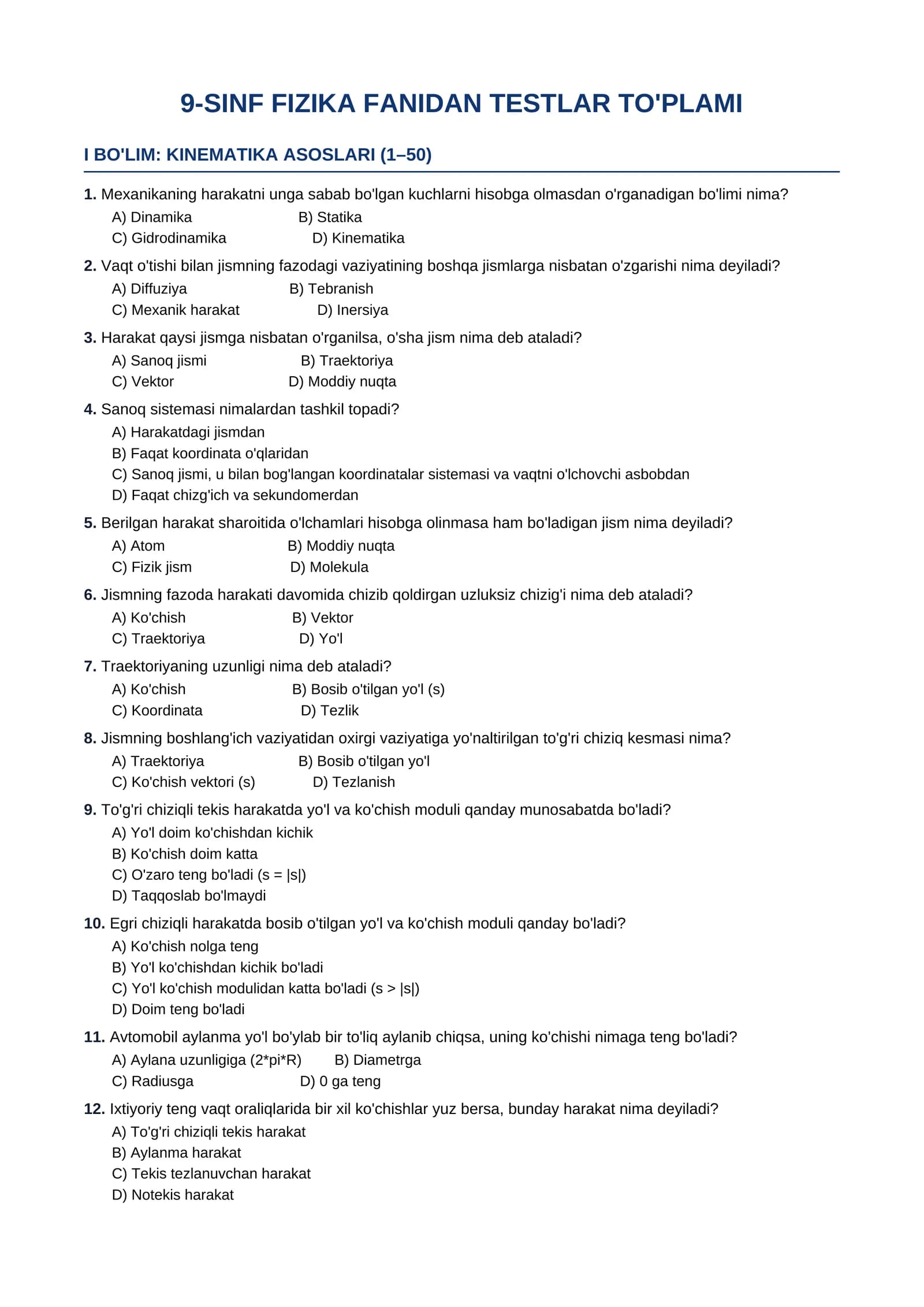 9-SINF FIZIKA FANIDAN TESTLAR TO'PLAMI