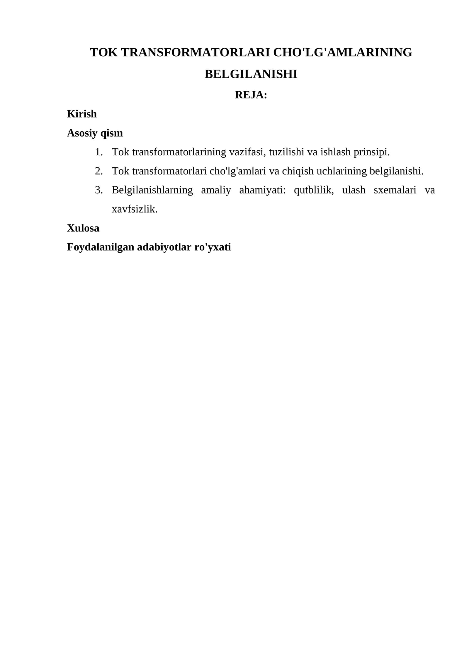 TOK TRANSFORMATORLARI CHO'LG'AMLARINING BELGILANISHI